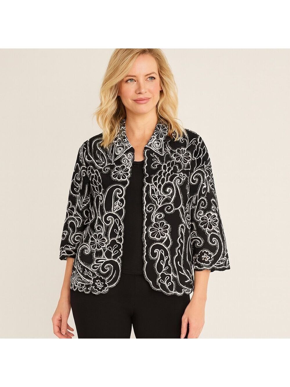Coldwater Creek Black White Embroidered Cutwork Jacket Petite 8